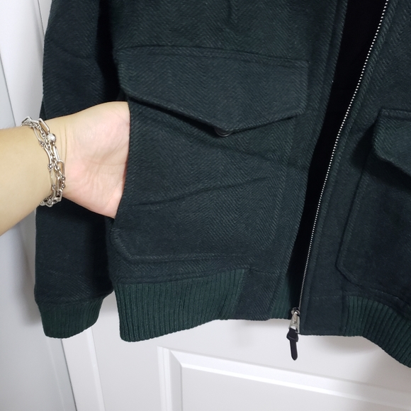 SANDRO Shearling Trim Collar Green Herringbone Wool Aviator Jacket - Picture 13 of 16